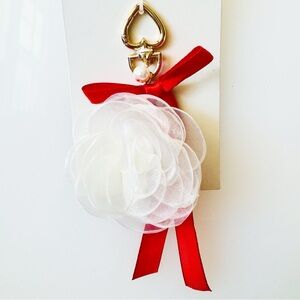 Elegant Camellia White Fabric Flower Bag Charm Keychain with Red Ribbon NEW